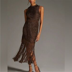 NWT Anthropologie Not So Serious by Pallavi Mohan Fringed Halter Dress in Bronze